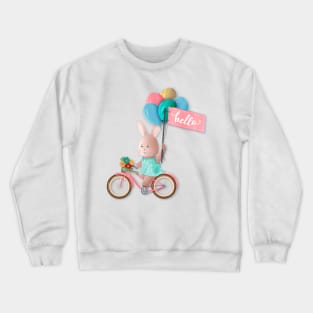 Bunny on Bike with Balloons and Hello Banner Crewneck Sweatshirt